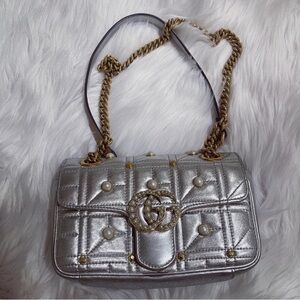Authentic Gucci Elegant Silver Quilted Shoulder Bag with Gold Accents